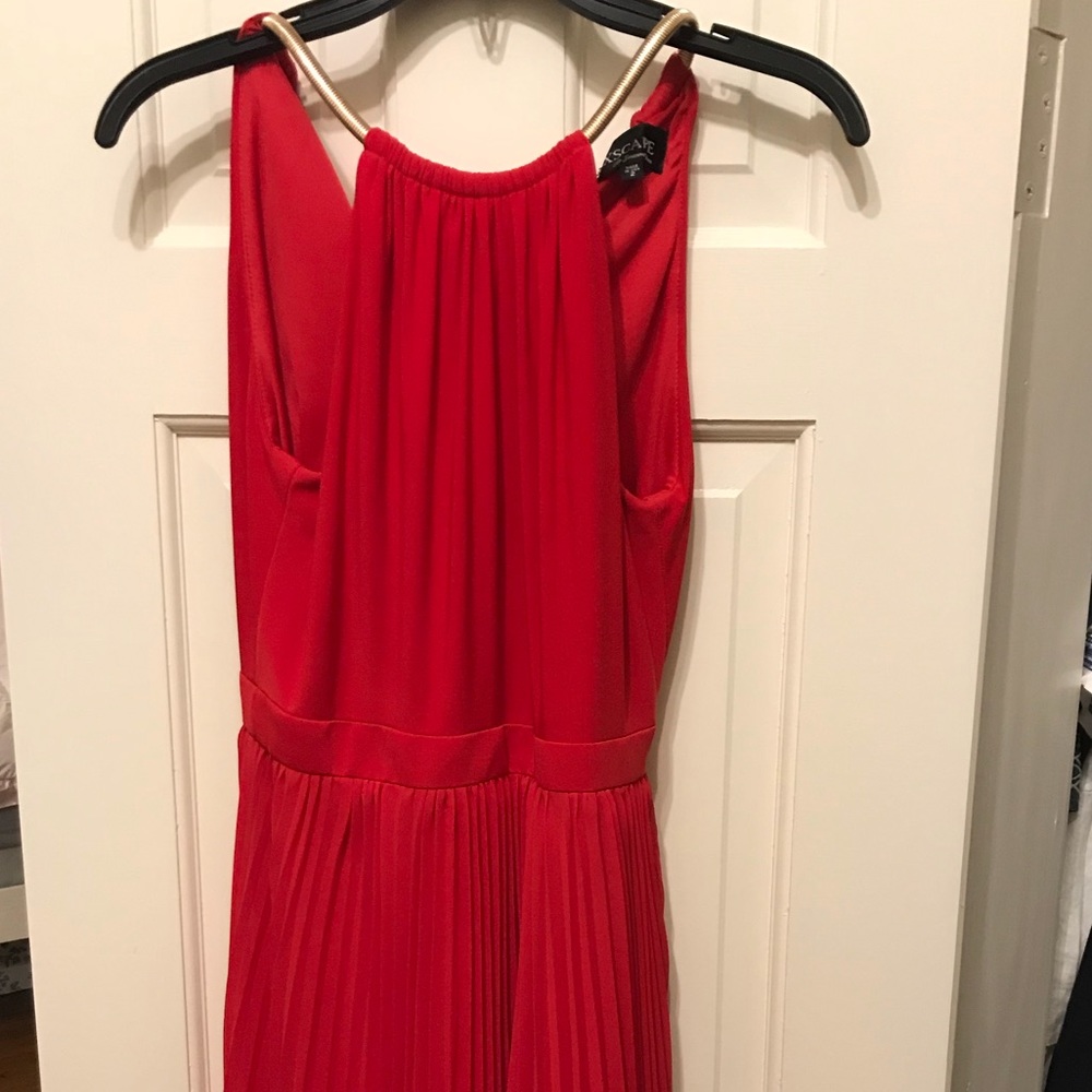 Red high neck formal gown with gold collar